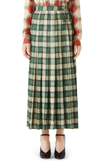 Shop Gucci Tartan Check Wool Twill Maxi Skirt In 3741 Green/ Rose Beige Pri