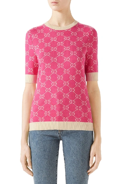 Shop Gucci Gg Jacquard Logo Sweater In 5827 Pink/ Ivory Prt