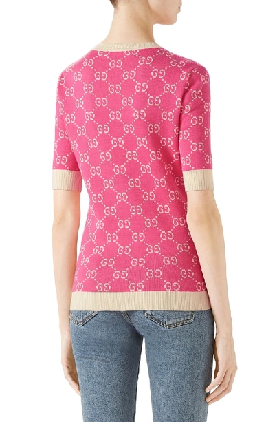 Shop Gucci Gg Jacquard Logo Sweater In 5827 Pink/ Ivory Prt