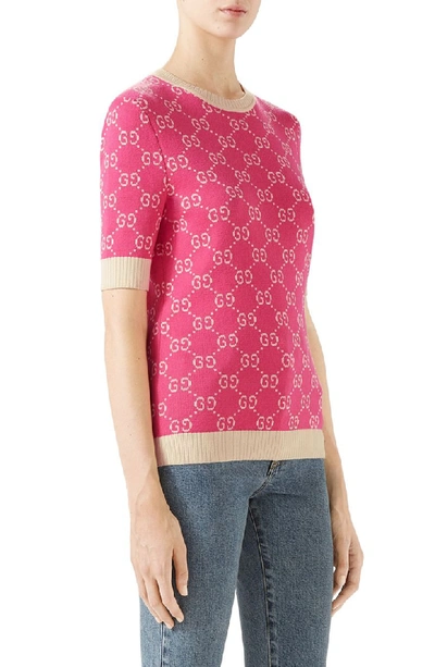 Shop Gucci Gg Jacquard Logo Sweater In 5827 Pink/ Ivory Prt