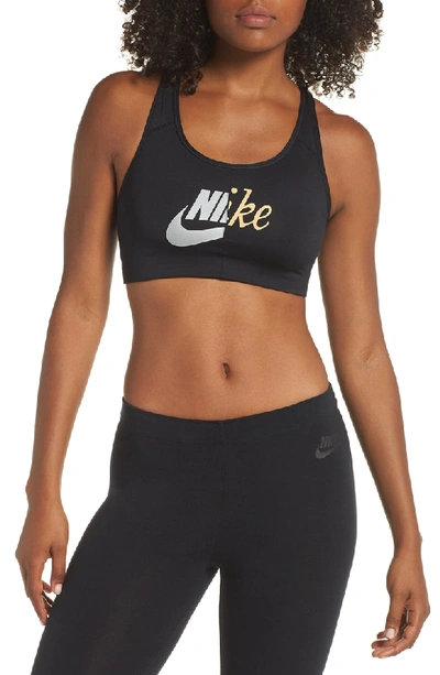 Nike Swoosh Metallic Logo Sports Bra In Black/ Metallic Gold | ModeSens