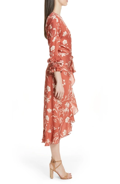 Shop Johanna Ortiz Floral Print Ruffle Satin Dress In Marsala Ecru