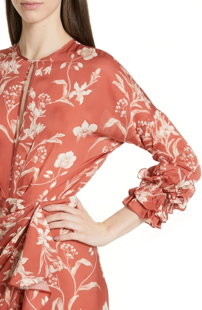 Shop Johanna Ortiz Floral Print Ruffle Satin Dress In Marsala Ecru