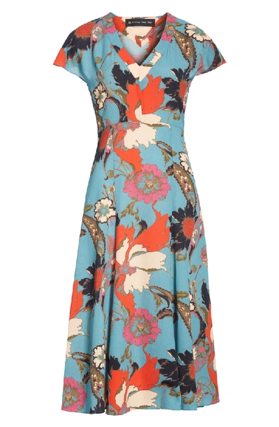 Shop Etro Floral Print Flutter Sleeve Dress In Blue