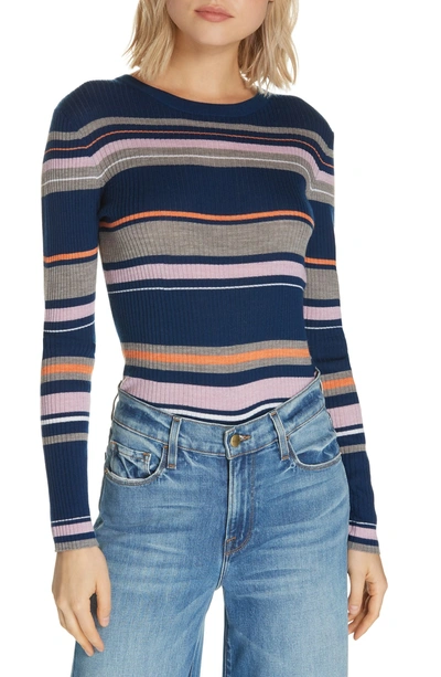 Shop Frame Stripe Crewneck Merino Wool Blend Sweater In Lilac Multi