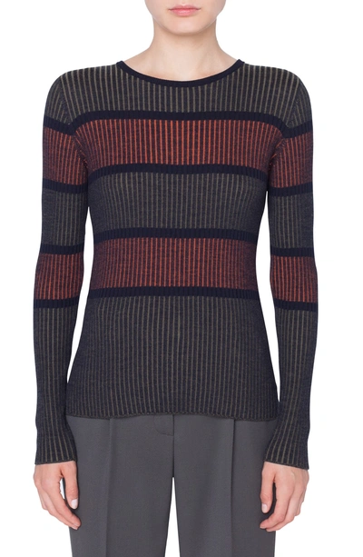 Shop Akris Punto Stripe Merino Wool Pullover In Arancione-oliva-nero