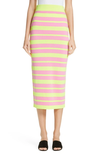 Shop Victor Glemaud Stripe Knit Maxi Skirt In Lime And Pink Combo