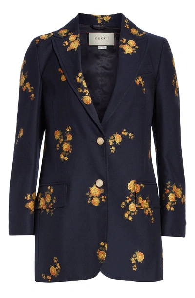 Shop Gucci Camellia Fil Coupe Cotton & Wool Jacket In 4813 Ink/ Yellow/ Mc