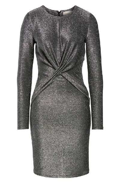 Long-sleeve Twist-waist Metallic Dress In Black/ Silver