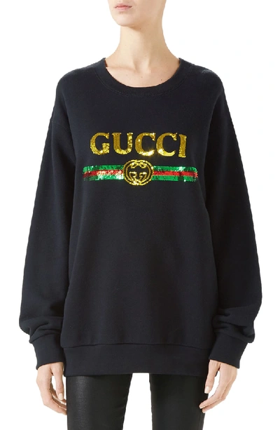 Shop Gucci Sequin Tiger Logo Oversized Sweatshirt In 1226 Black/ Yellow/ Mc