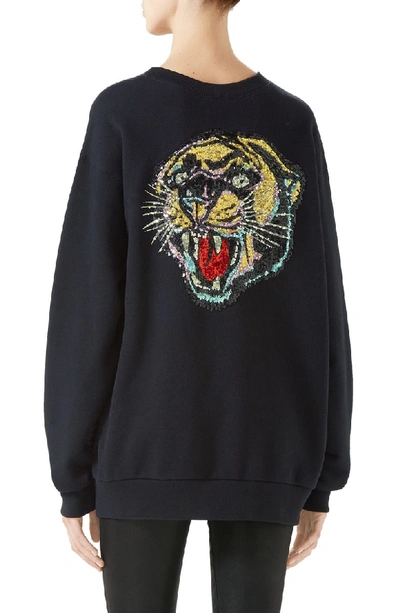 Shop Gucci Sequin Tiger Logo Oversized Sweatshirt In 1226 Black/ Yellow/ Mc