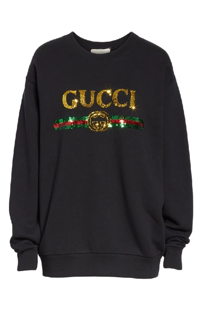 Shop Gucci Sequin Tiger Logo Oversized Sweatshirt In 1226 Black/ Yellow/ Mc