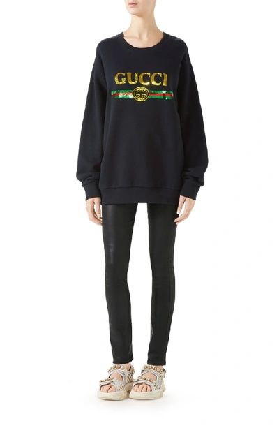 Shop Gucci Sequin Tiger Logo Oversized Sweatshirt In 1226 Black/ Yellow/ Mc