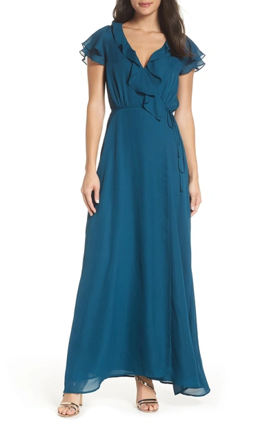 Shop Wayf The Evaline Flutter Ruffle Wrap Gown In Teal