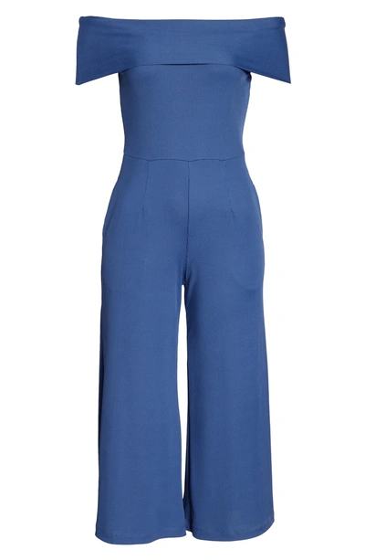 Shop Nsr Camila Off The Shoulder Crop Jumpsuit In Blue