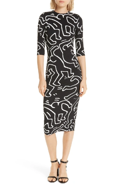 Shop Alice And Olivia X Keith Haring Delora Fitted Dress In Dancing Man Black/ Soft White