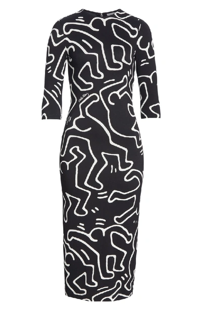 Shop Alice And Olivia X Keith Haring Delora Fitted Dress In Dancing Man Black/ Soft White