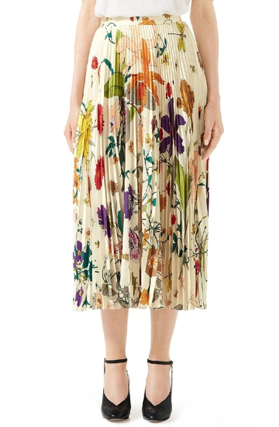 Shop Gucci Gothic Floral Print Pleated Silk Twill Midi Skirt In 9275 Ivory Printed