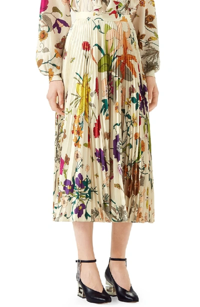 Shop Gucci Gothic Floral Print Pleated Silk Twill Midi Skirt In 9275 Ivory Printed