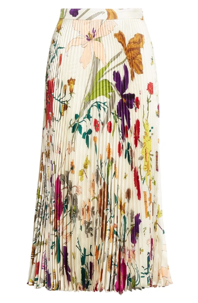 Shop Gucci Gothic Floral Print Pleated Silk Twill Midi Skirt In 9275 Ivory Printed