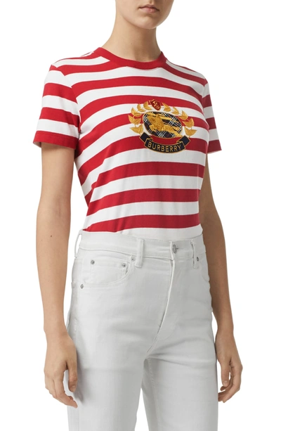 Shop Burberry Bulkley Embroidered Crest Stripe Tee In Cadmium Red