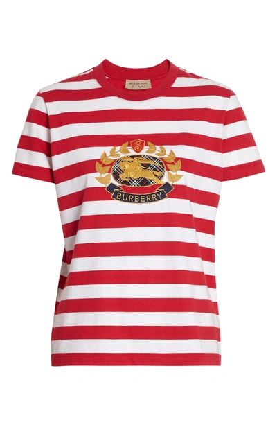 Shop Burberry Bulkley Embroidered Crest Stripe Tee In Cadmium Red