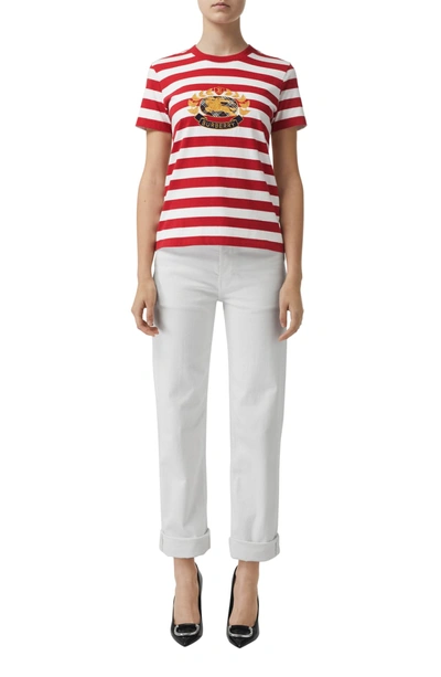 Shop Burberry Bulkley Embroidered Crest Stripe Tee In Cadmium Red