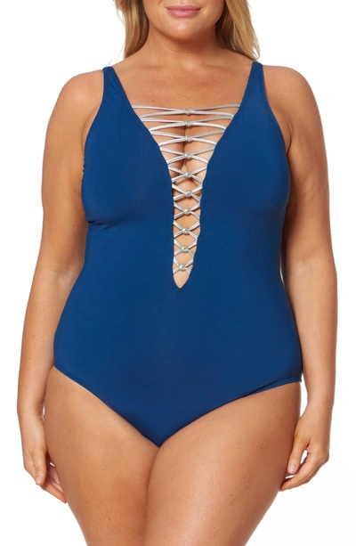 Shop Bleu Rod Beattie Lattice One-piece Swimsuit In Navy/ Silver