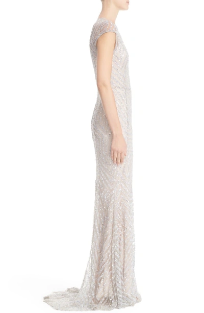 Shop Rachel Gilbert Hand Embellished Cap Sleeve Mermaid Gown In Silver