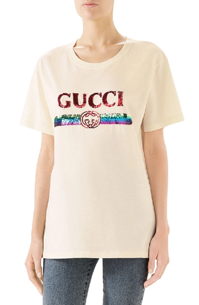 Shop Gucci Rainbow Sequin Logo Tee In 7136 Sunkissed/ Multicolor