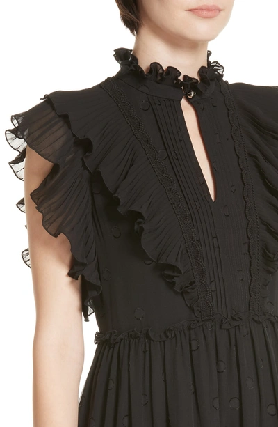 Mock neck Cap sleeve Devore Bakery Dot Mini Dress W Ruffles In Black