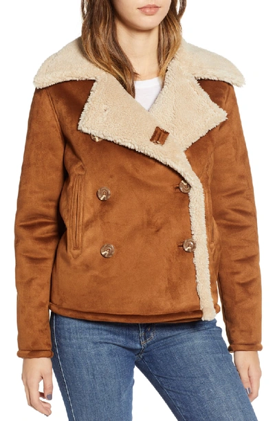 Shop Mother The Shrunken Faux Shearling Peacoat In Toast Twill