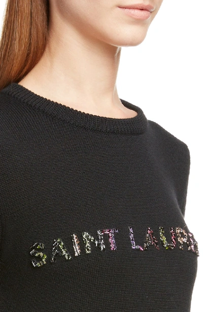 Shop Saint Laurent Beaded Logo Wool Sweater In Noir / Multicolor