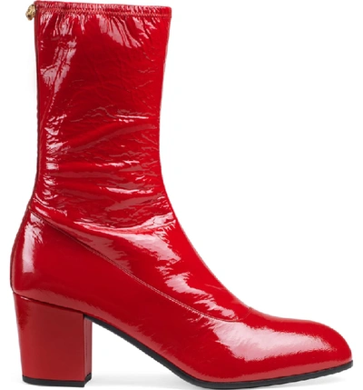 Shop Gucci Printyl Patent Leather Zip Boot In Hibiscus Red