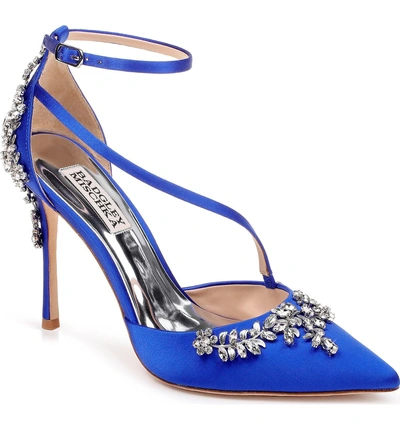 Shop Badgley Mischka Faith Ankle Strap Pump In African Blue Satin