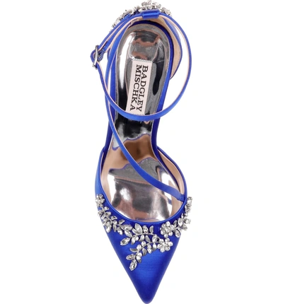 Shop Badgley Mischka Faith Ankle Strap Pump In African Blue Satin