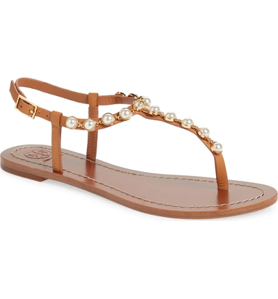 Shop Tory Burch Emmy Embellished T-strap Sandal In Tan