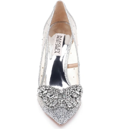 Shop Badgley Mischka Quintana Crystal Embellished Pump In Silver Satin/ Mesh