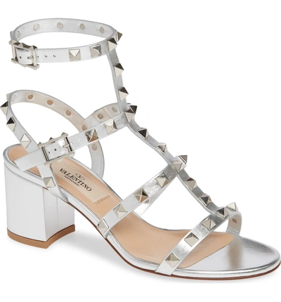 Shop Valentino Rockstud Metallic Block Heel Sandal In Silver
