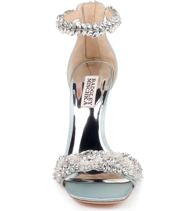 Shop Badgley Mischka Fiorenza Crystal & Imitation Pearl Embellished Sandal In Blue Radiance Satin