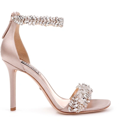 Shop Badgley Mischka Fiorenza Crystal & Imitation Pearl Embellished Sandal In Beige Satin