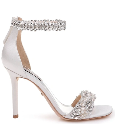 Shop Badgley Mischka Fiorenza Crystal & Imitation Pearl Embellished Sandal In Soft White Satin