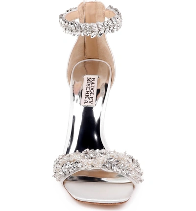 Shop Badgley Mischka Fiorenza Crystal & Imitation Pearl Embellished Sandal In Soft White Satin