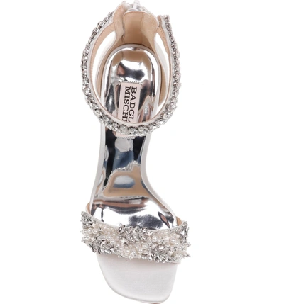 Shop Badgley Mischka Fiorenza Crystal & Imitation Pearl Embellished Sandal In Soft White Satin