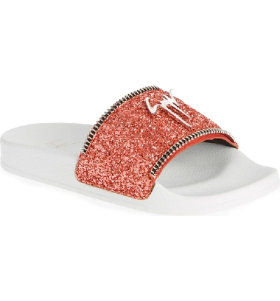 Shop Giuseppe Zanotti Glitter Logo Slide Sandal In Coral Glitter