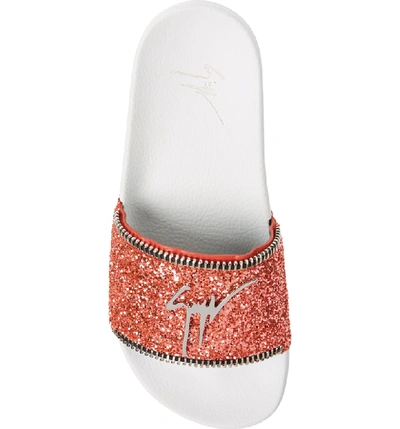 Shop Giuseppe Zanotti Glitter Logo Slide Sandal In Coral Glitter