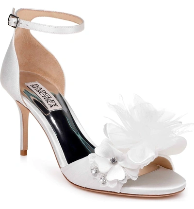 Shop Badgley Mischka Floral Ankle Strap Sandal In Soft White Satin
