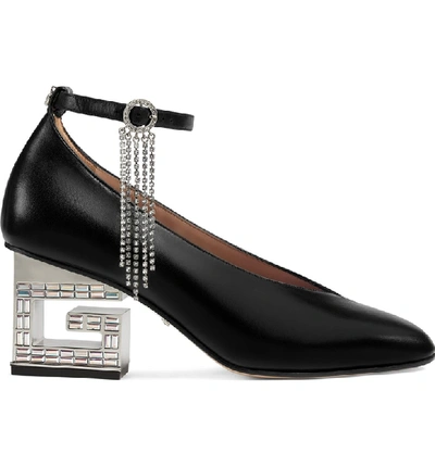 Shop Gucci Amber Crystal Heel Ankle Strap Pump In Black Leather