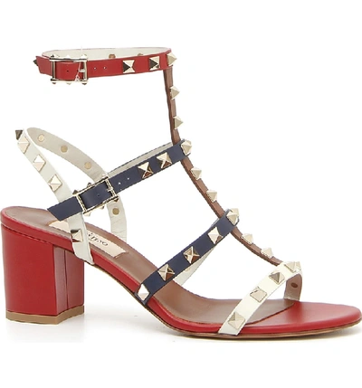 Shop Valentino Rockstud Block Heel Sandal In Red/ Ivory/ Blue