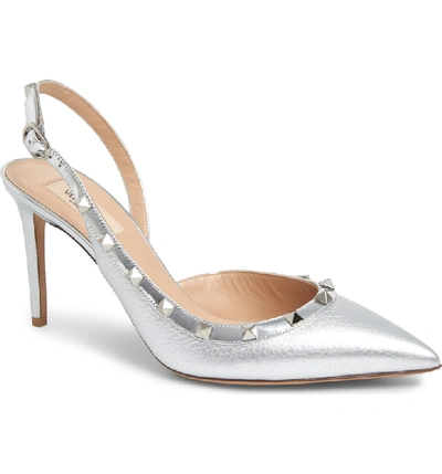 Valentino The Rockstud Metallic Textured-leather Slingback Pumps In Silver
